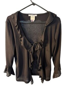 La Belle Black Sheer Ruffle Tie-Front Cardigan